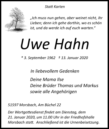Anzeige von Uwe Hahn von Kölner Stadt-Anzeiger / Kölnische Rundschau / Express