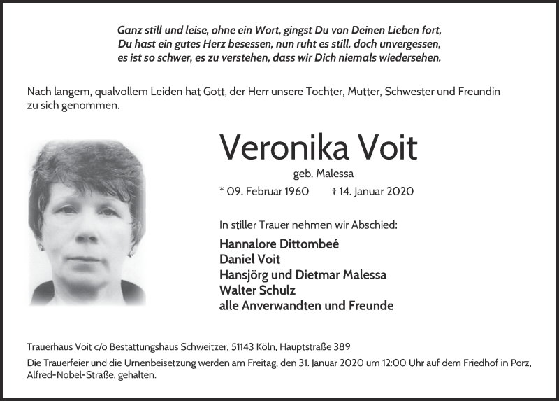  Traueranzeige für Veronika Voit vom 29.01.2020 aus  Kölner Wochenspiegel 