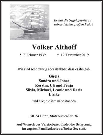 Anzeige von Volker Althoff von  Sonntags-Post 