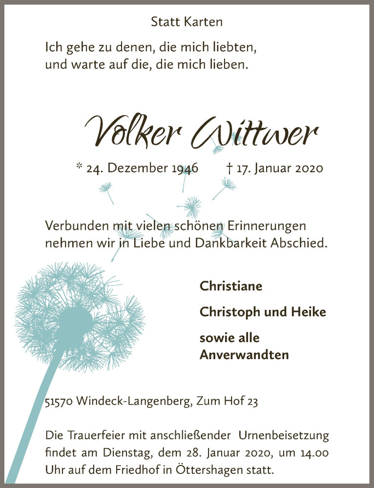  Traueranzeige für Volker Wittwer vom 22.01.2020 aus  Lokalanzeiger 