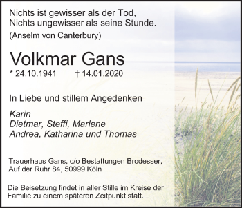 Anzeige von Volkmar Gans von Kölner Stadt-Anzeiger / Kölnische Rundschau / Express