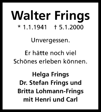 Anzeige von Walter Frings von Kölner Stadt-Anzeiger / Kölnische Rundschau / Express