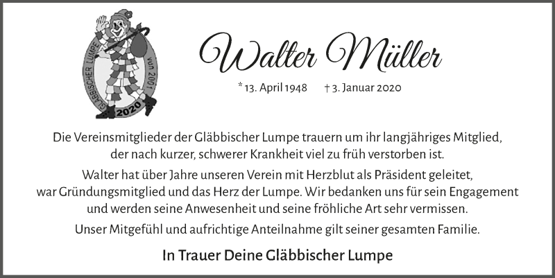  Traueranzeige für Walter Müller vom 15.01.2020 aus  Bergisches Handelsblatt 