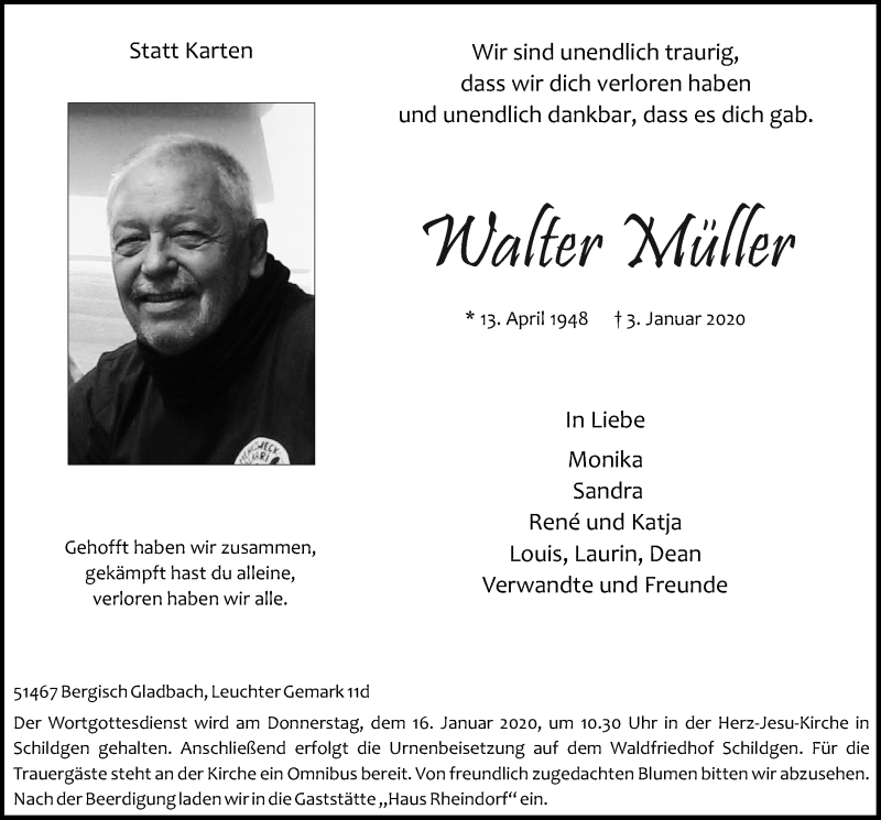 Traueranzeige für Walter Müller vom 11.01.2020 aus  Bergisches Sonntagsblatt 
