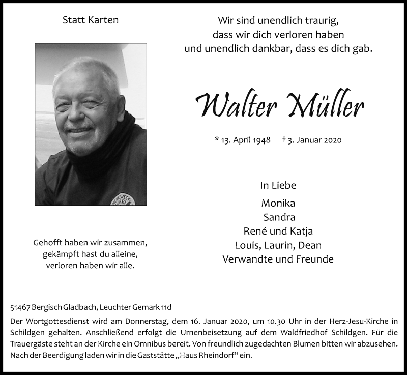  Traueranzeige für Walter Müller vom 11.01.2020 aus Kölner Stadt-Anzeiger / Kölnische Rundschau / Express