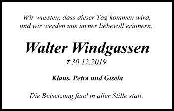 Anzeige von Walter Windgassen von Kölner Stadt-Anzeiger / Kölnische Rundschau / Express