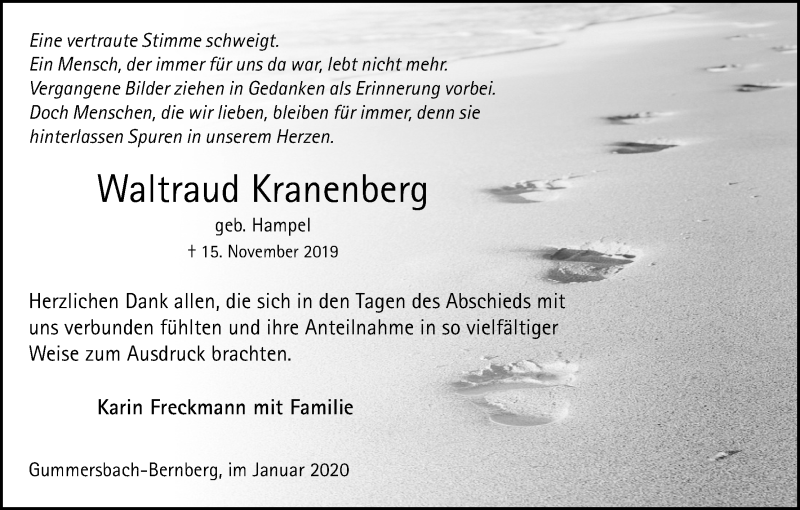  Traueranzeige für Waltraud Kranenberg vom 11.01.2020 aus Kölner Stadt-Anzeiger / Kölnische Rundschau / Express