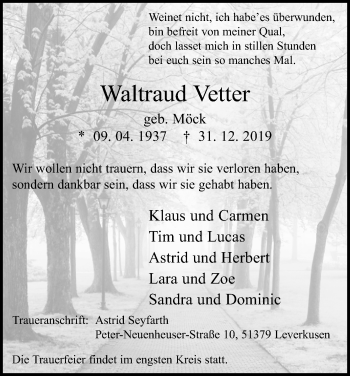 Anzeige von Waltraud Vetter von Kölner Stadt-Anzeiger / Kölnische Rundschau / Express