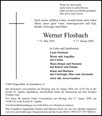 Anzeige von Werner Flosbach von Kölner Stadt-Anzeiger / Kölnische Rundschau / Express