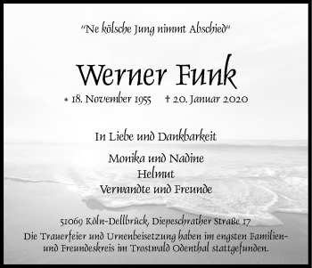 Anzeige von Werner Funk von Kölner Stadt-Anzeiger / Kölnische Rundschau / Express