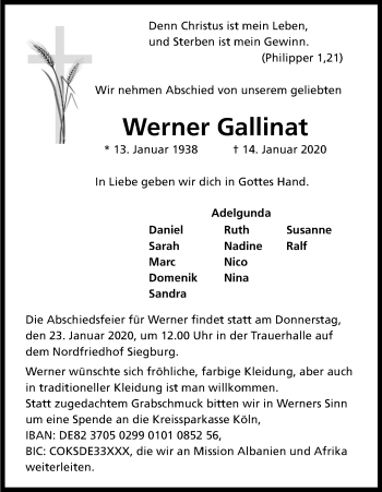 Anzeige von Werner Gallinat von Kölner Stadt-Anzeiger / Kölnische Rundschau / Express