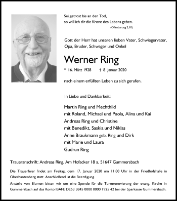 Anzeige von Werner Ring von Kölner Stadt-Anzeiger / Kölnische Rundschau / Express