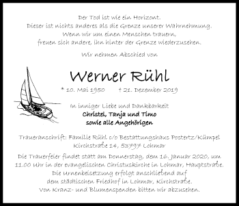 Anzeige von Werner Rühl von Kölner Stadt-Anzeiger / Kölnische Rundschau / Express