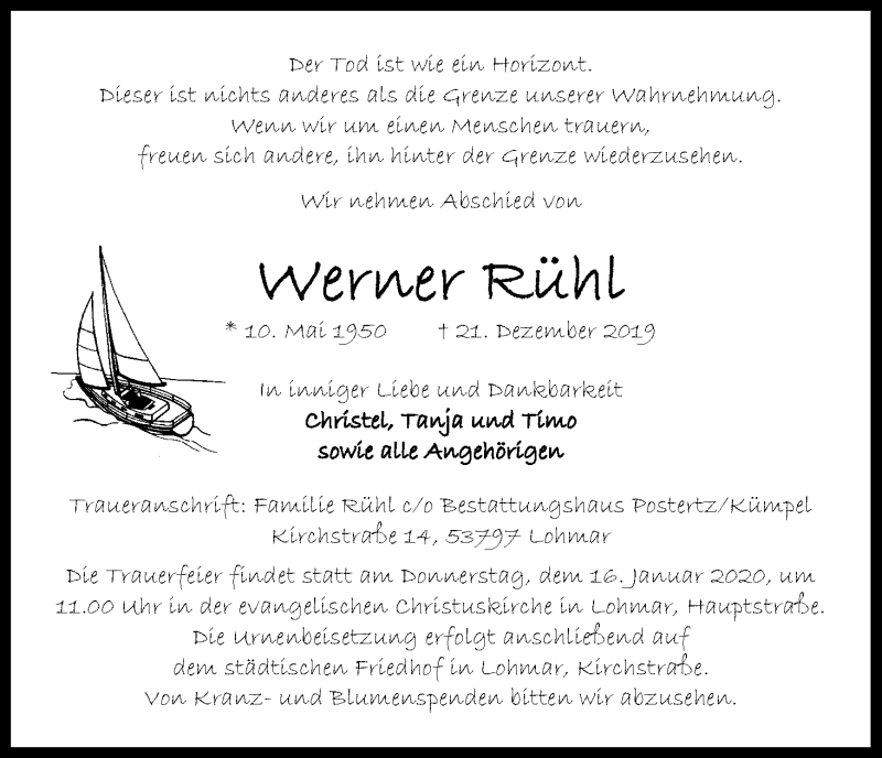  Traueranzeige für Werner Rühl vom 08.01.2020 aus Kölner Stadt-Anzeiger / Kölnische Rundschau / Express