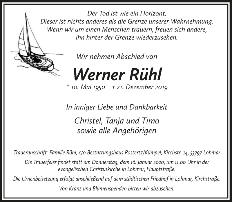  Traueranzeige für Werner Rühl vom 15.01.2020 aus  Extra Blatt 