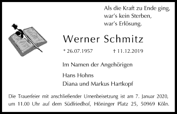 Anzeige von Werner Schmitz von Kölner Stadt-Anzeiger / Kölnische Rundschau / Express