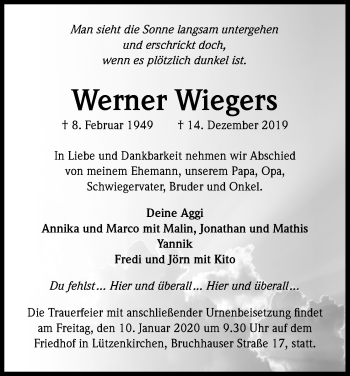 Anzeige von Werner Wiegers von Kölner Stadt-Anzeiger / Kölnische Rundschau / Express