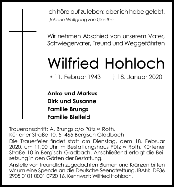 Anzeige von Wilfried Hohloch von Kölner Stadt-Anzeiger / Kölnische Rundschau / Express