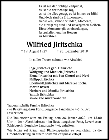 Anzeige von Wilfried Jiritschka von Kölner Stadt-Anzeiger / Kölnische Rundschau / Express