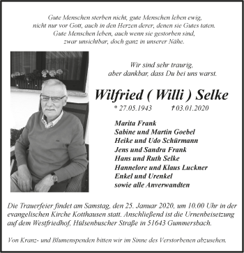 Anzeige von Wilfried Willi Selke von  Anzeigen Echo 