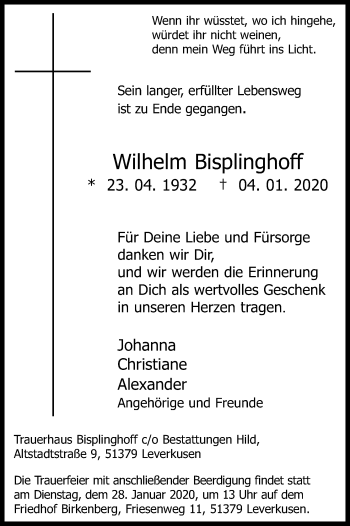 Anzeige von Wilhelm Bisplinghoff von Kölner Stadt-Anzeiger / Kölnische Rundschau / Express
