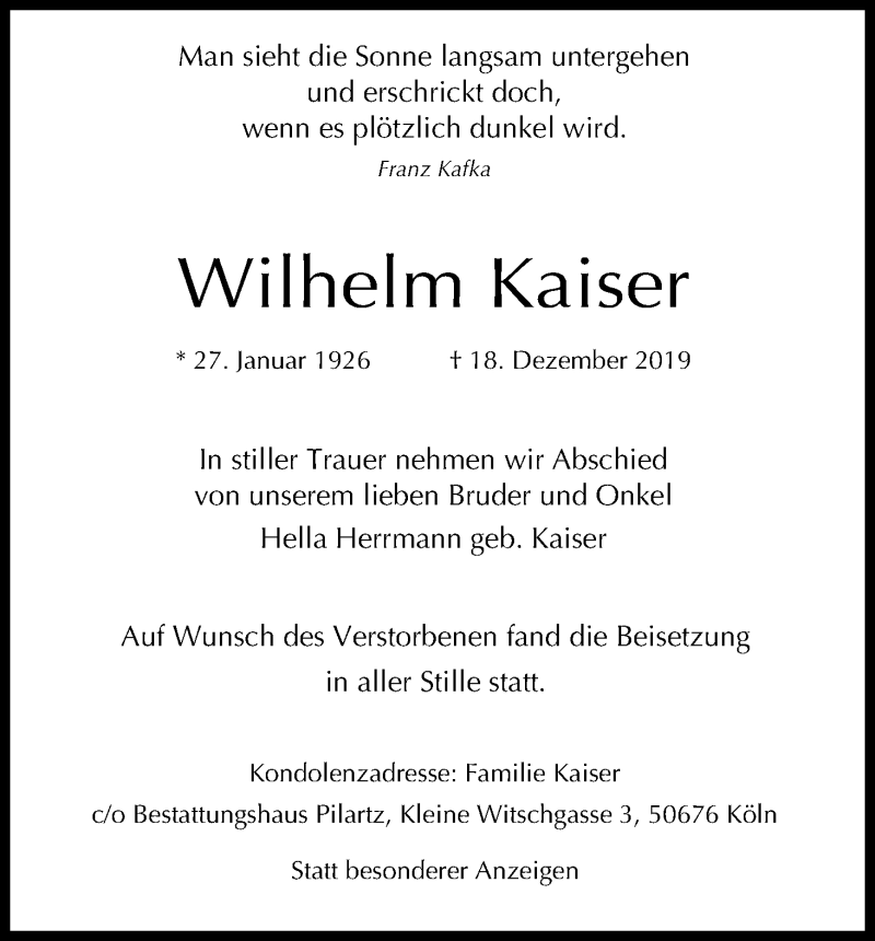  Traueranzeige für Wilhelm Kaiser vom 04.01.2020 aus Kölner Stadt-Anzeiger / Kölnische Rundschau / Express