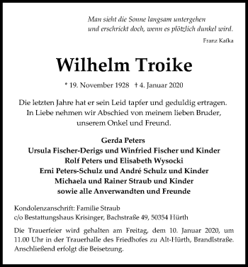 Anzeige von Wilhelm Troike von Kölner Stadt-Anzeiger / Kölnische Rundschau / Express