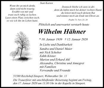 Anzeige von Wilhelm Hähner von Kölner Stadt-Anzeiger / Kölnische Rundschau / Express