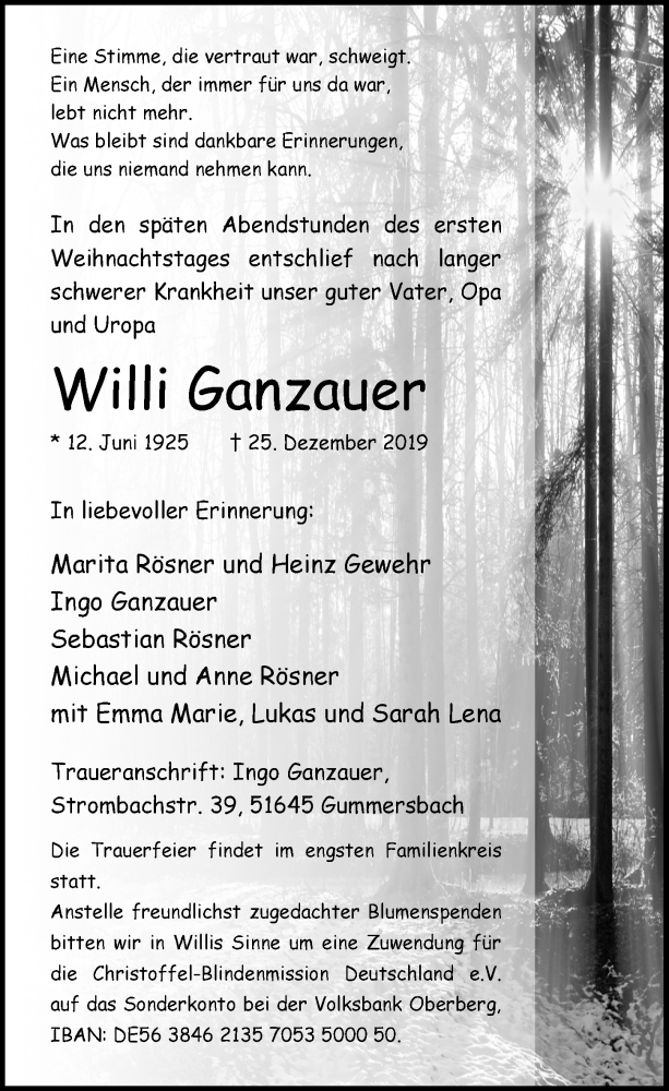  Traueranzeige für Willi Ganzauer vom 15.01.2020 aus  Anzeigen Echo 