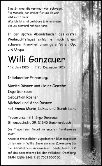 Anzeige von Willi Ganzauer von  Anzeigen Echo 