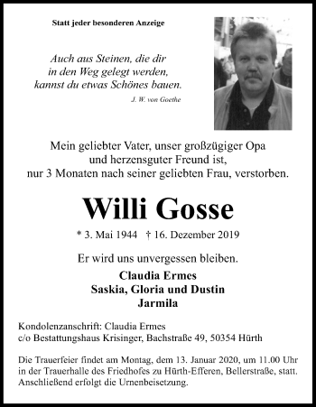Anzeige von Willi Gosse von Kölner Stadt-Anzeiger / Kölnische Rundschau / Express