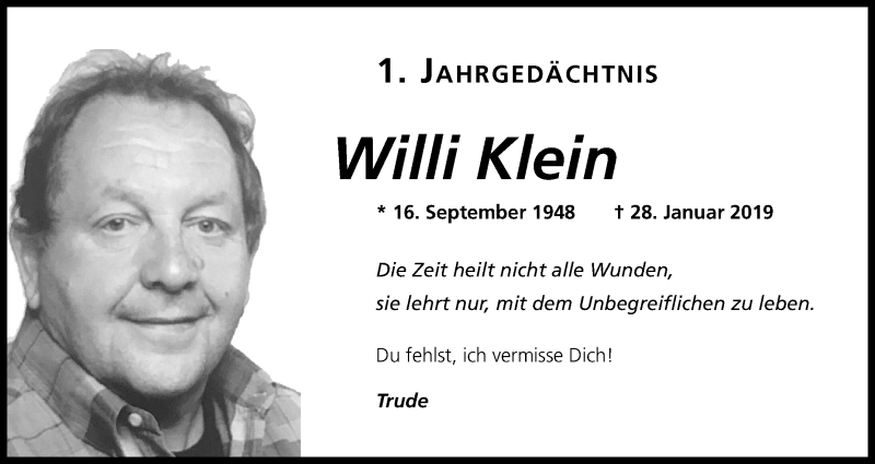  Traueranzeige für Willi Klein vom 25.01.2020 aus Kölner Stadt-Anzeiger / Kölnische Rundschau / Express