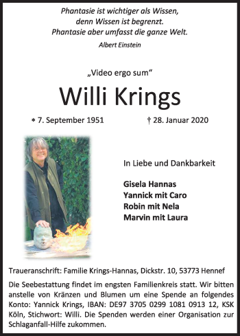Anzeige von Willi Krings von Kölner Stadt-Anzeiger / Kölnische Rundschau / Express