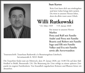 Anzeige von Willi Rutkowski von  Schlossbote/Werbekurier 