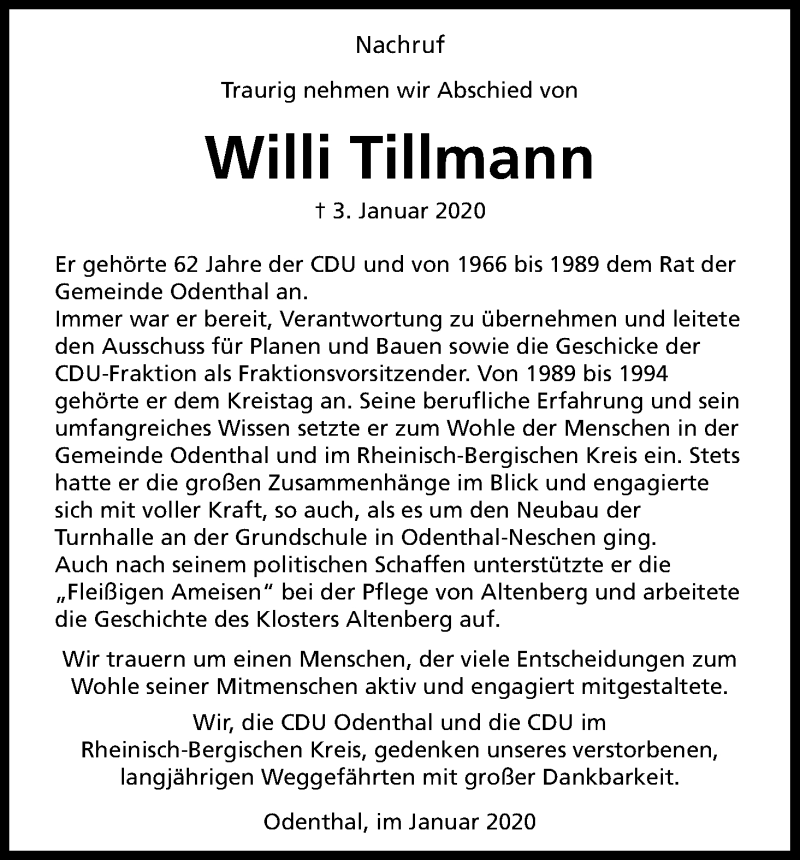  Traueranzeige für Willi Tillmann vom 18.01.2020 aus Kölner Stadt-Anzeiger / Kölnische Rundschau / Express