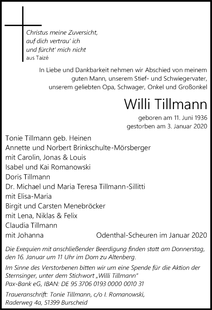  Traueranzeige für Willi Tillmann vom 11.01.2020 aus Kölner Stadt-Anzeiger / Kölnische Rundschau / Express