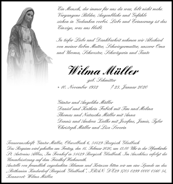 Anzeige von Wilma Müller von Kölner Stadt-Anzeiger / Kölnische Rundschau / Express