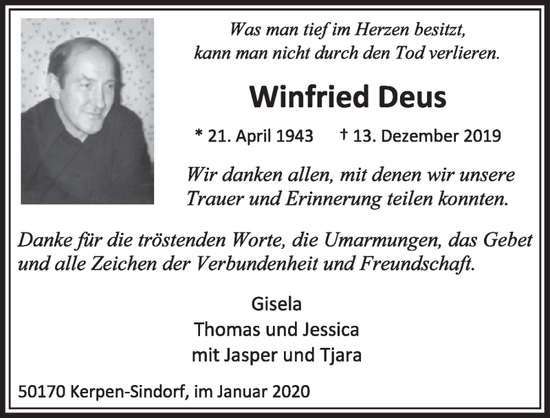  Traueranzeige für Winfried Deus vom 18.01.2020 aus  Sonntags-Post 