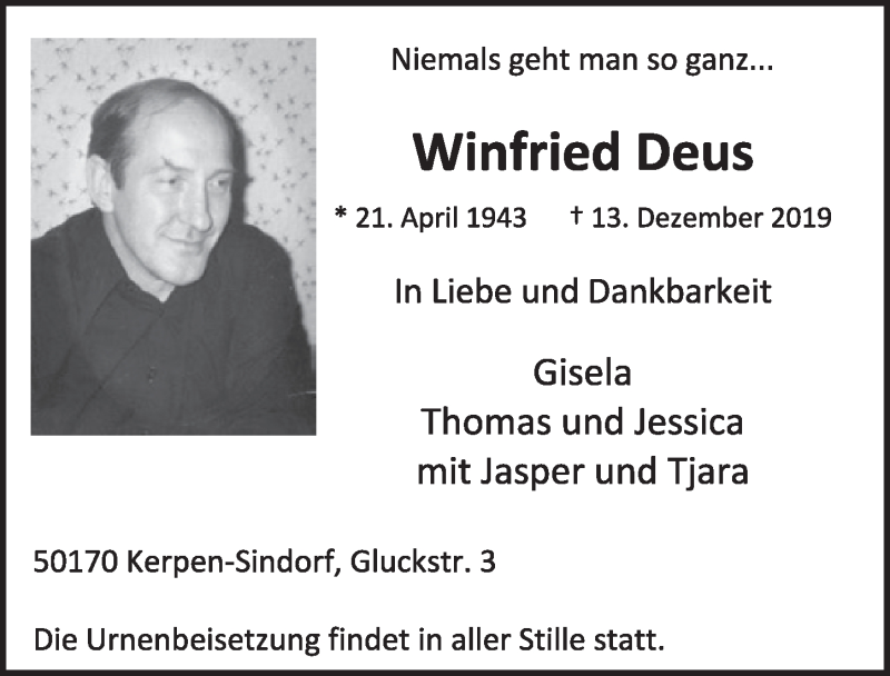  Traueranzeige für Winfried Deus vom 04.01.2020 aus  Sonntags-Post 