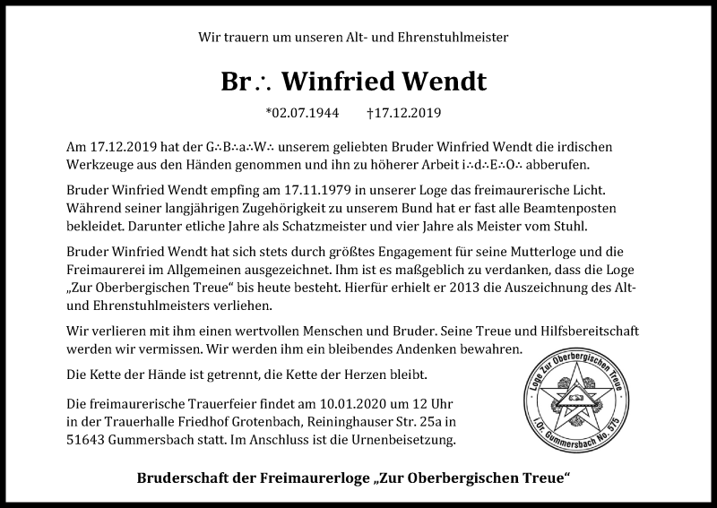  Traueranzeige für Winfried Wendt vom 04.01.2020 aus Kölner Stadt-Anzeiger / Kölnische Rundschau / Express