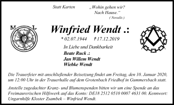 Anzeige von Winfried Wendt von Kölner Stadt-Anzeiger / Kölnische Rundschau / Express