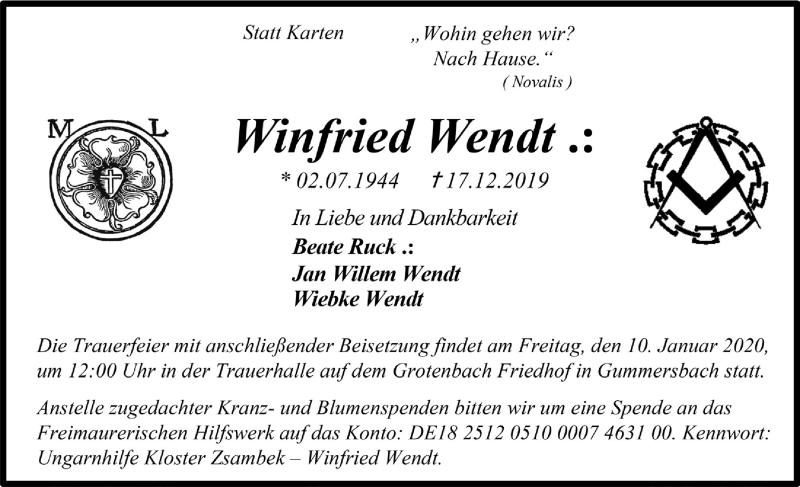  Traueranzeige für Winfried Wendt vom 08.01.2020 aus  Anzeigen Echo 