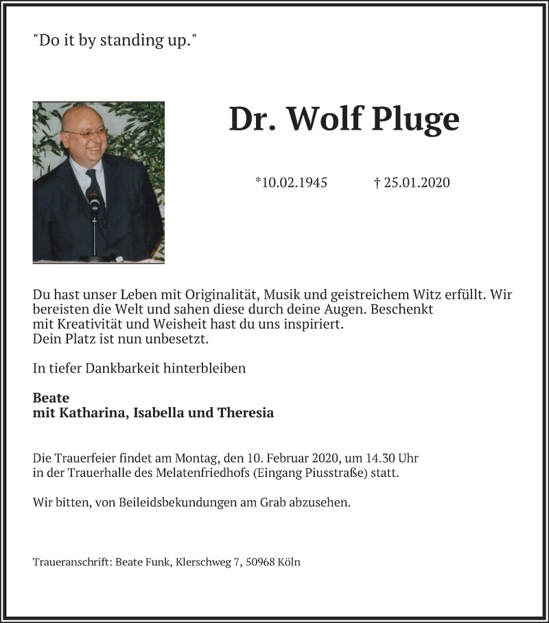  Traueranzeige für Wolf Pluge vom 01.02.2020 aus Kölner Stadt-Anzeiger / Kölnische Rundschau / Express