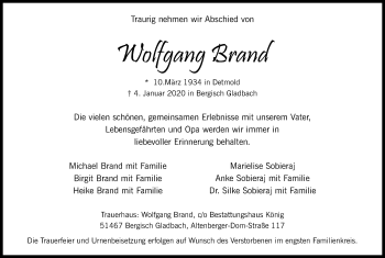 Anzeige von Wolfgang Brand von Kölner Stadt-Anzeiger / Kölnische Rundschau / Express