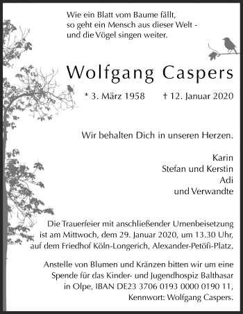 Anzeige von Wolfgang Caspers von Kölner Stadt-Anzeiger / Kölnische Rundschau / Express