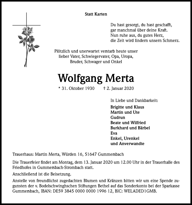  Traueranzeige für Wolfgang Merta vom 08.01.2020 aus Kölner Stadt-Anzeiger / Kölnische Rundschau / Express