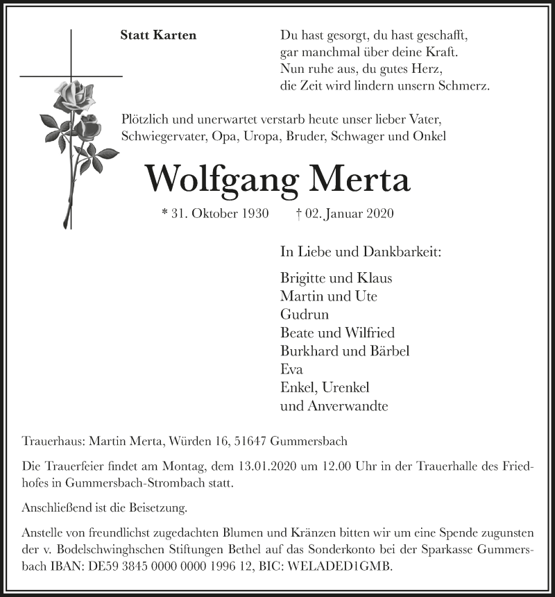  Traueranzeige für Wolfgang Merta vom 08.01.2020 aus  Anzeigen Echo 