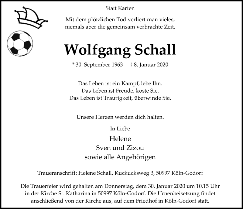  Traueranzeige für Wolfgang Schall vom 29.01.2020 aus  Kölner Wochenspiegel  Schlossbote/Werbekurier 