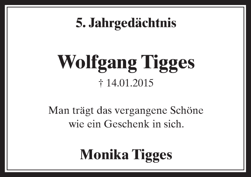  Traueranzeige für Wolfgang Tigges vom 15.01.2020 aus  Werbepost 