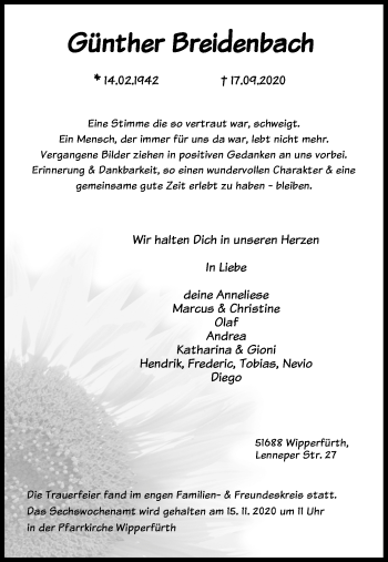 Anzeige von Günther Breidenbach von Kölner Stadt-Anzeiger / Kölnische Rundschau / Express